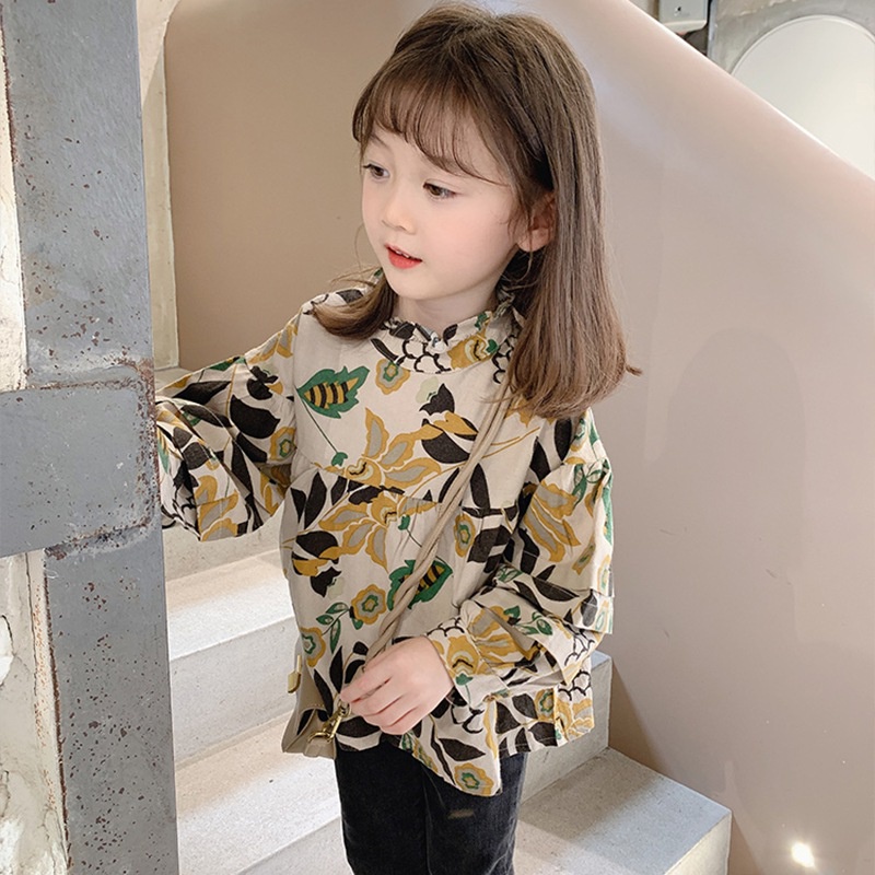 Áo sơ mi tay dài chất liệu polyester mềm mại in họa tiết hoa phong cách Hàn Quốc cổ điển thời trang cho bé gái 4-6 tuổi