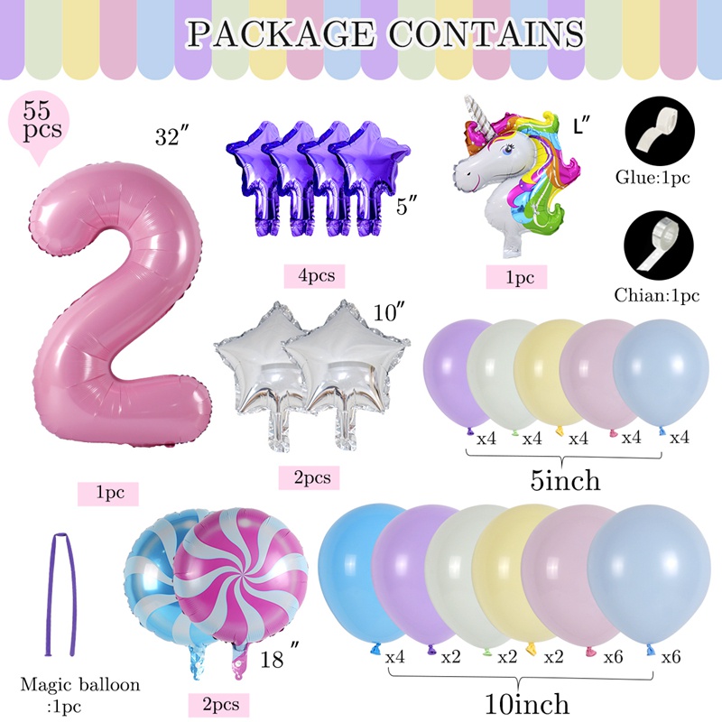 Set 55 Bong Bóng Cao Su 30 Inch Hình Kỳ Lân Trang Trí Tiệc Sinh Nhật Cho Bé