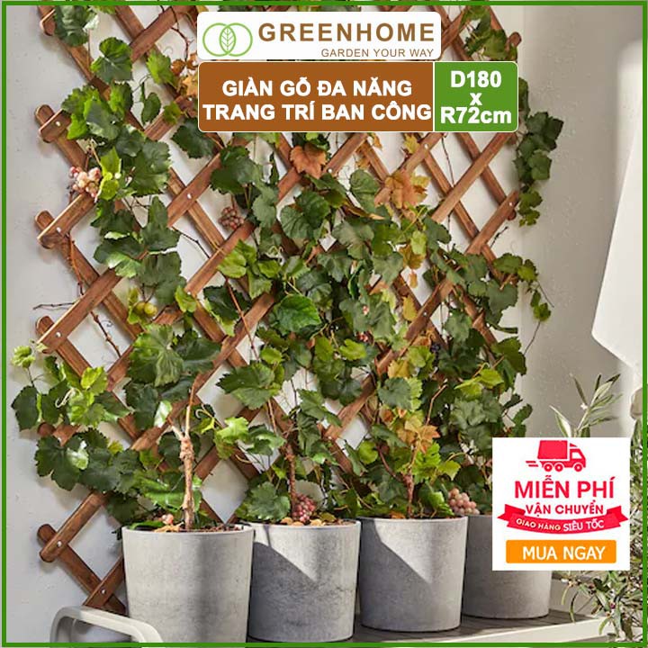 Giàn gỗ treo ban công, R72xC180cm, gỗ tràm siêu bền, màu gỗ, co giản được, làm khung hoa hồng leo, bông giấy |Green