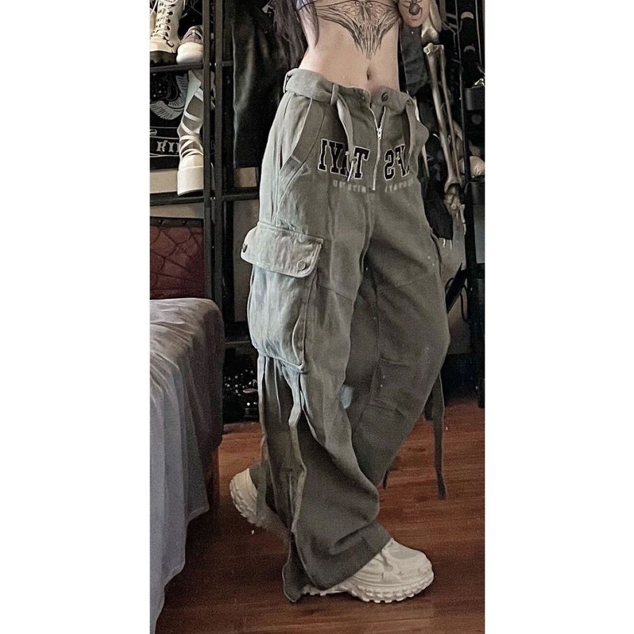 Quần Yếm Dài Ống Rộng Thêu Chữ Màu Xám Thời Trang Mùa Thu Cho Nữ