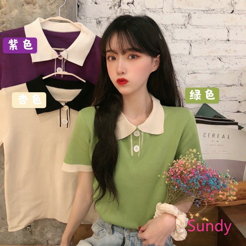 Áo polo dệt kim ngắn tay thời trang mùa hè năng động cho nữ