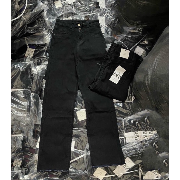 Quần jeans trơn phom basic ống đứng đen cạp cao