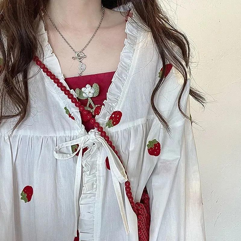 Set Đầm Hai Dây + Áo Choàng Chống Nắng Tay Phồng Đính Nơ Hoạ Tiết Dâu Tây Dễ Thương Xinh Xắn Cho