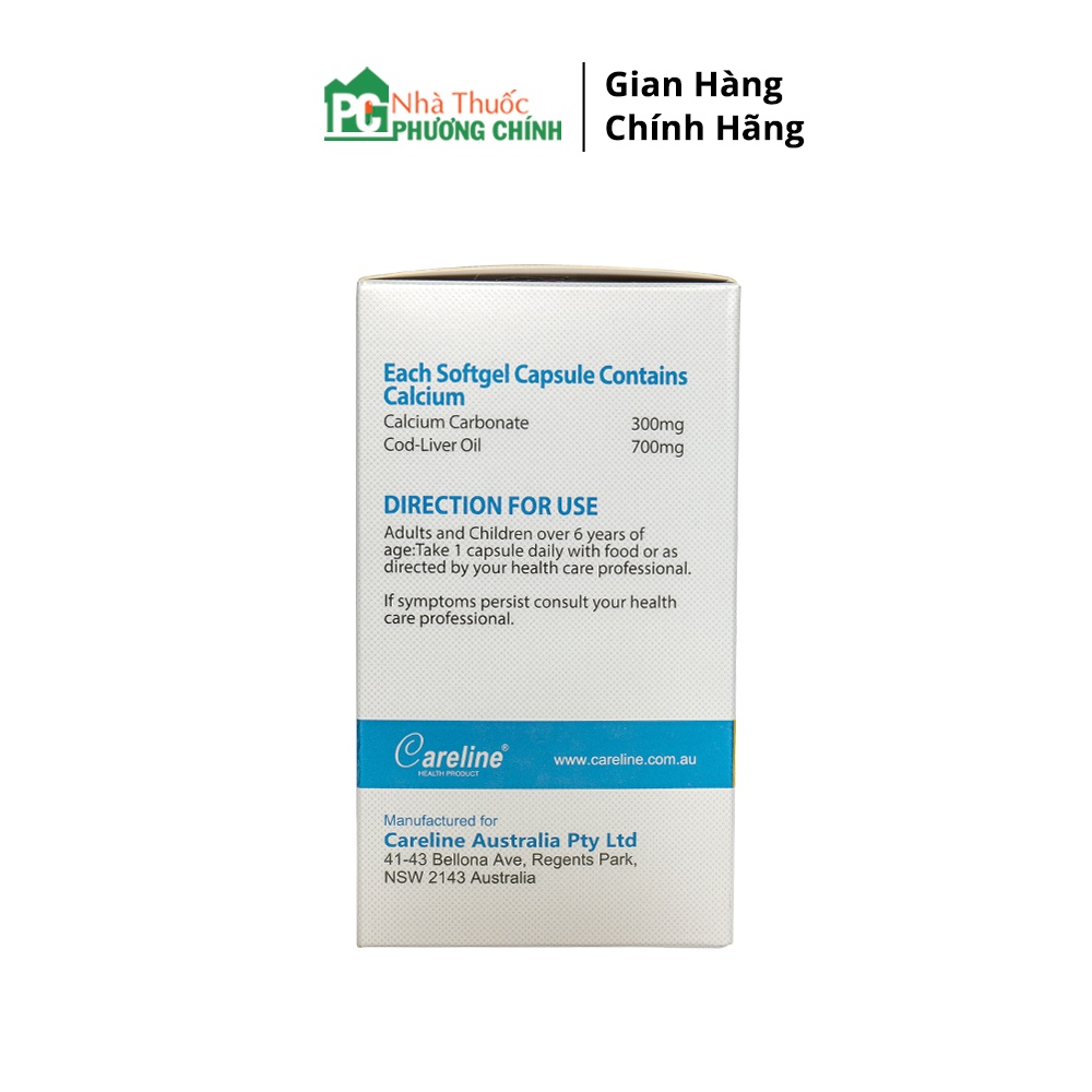 Viên Uống Bổ Sung Calci Và Omega 3 Super Calcium Supplement With Cod Liver Oil 1000mg CareLine - Chắc Khỏe Xương, Bổ Não