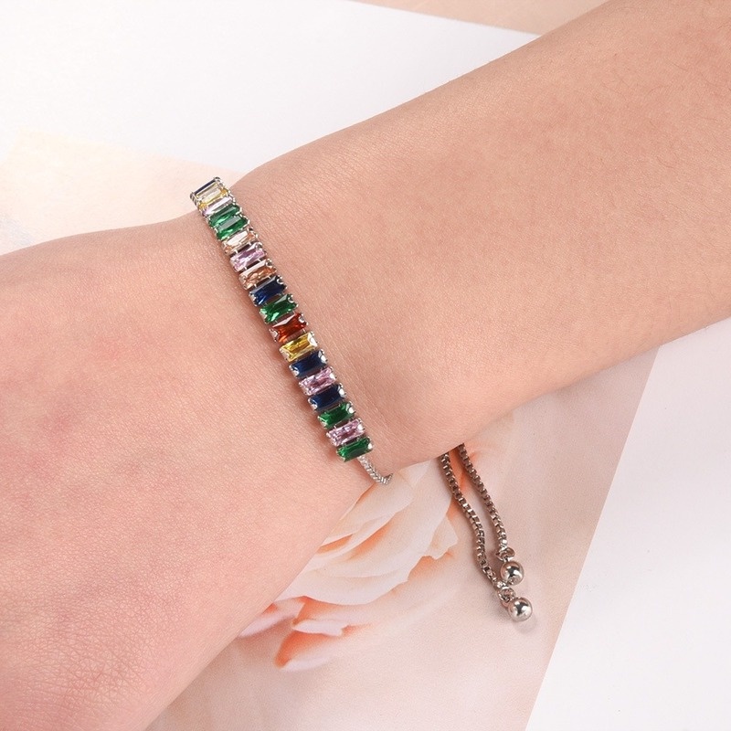 Vòng Tay Đính Đá Zircon Màu Cầu Vồng/Hồng Dễ Điều Chỉnh Thời Trang Cho Nữ