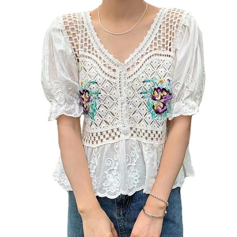 Áo Kiểu Tay Phồng Cổ Chữ V Thêu Họa Tiết Hoa Phong Cách Pháp Thời Trang Mùa Hè Cho Nữ