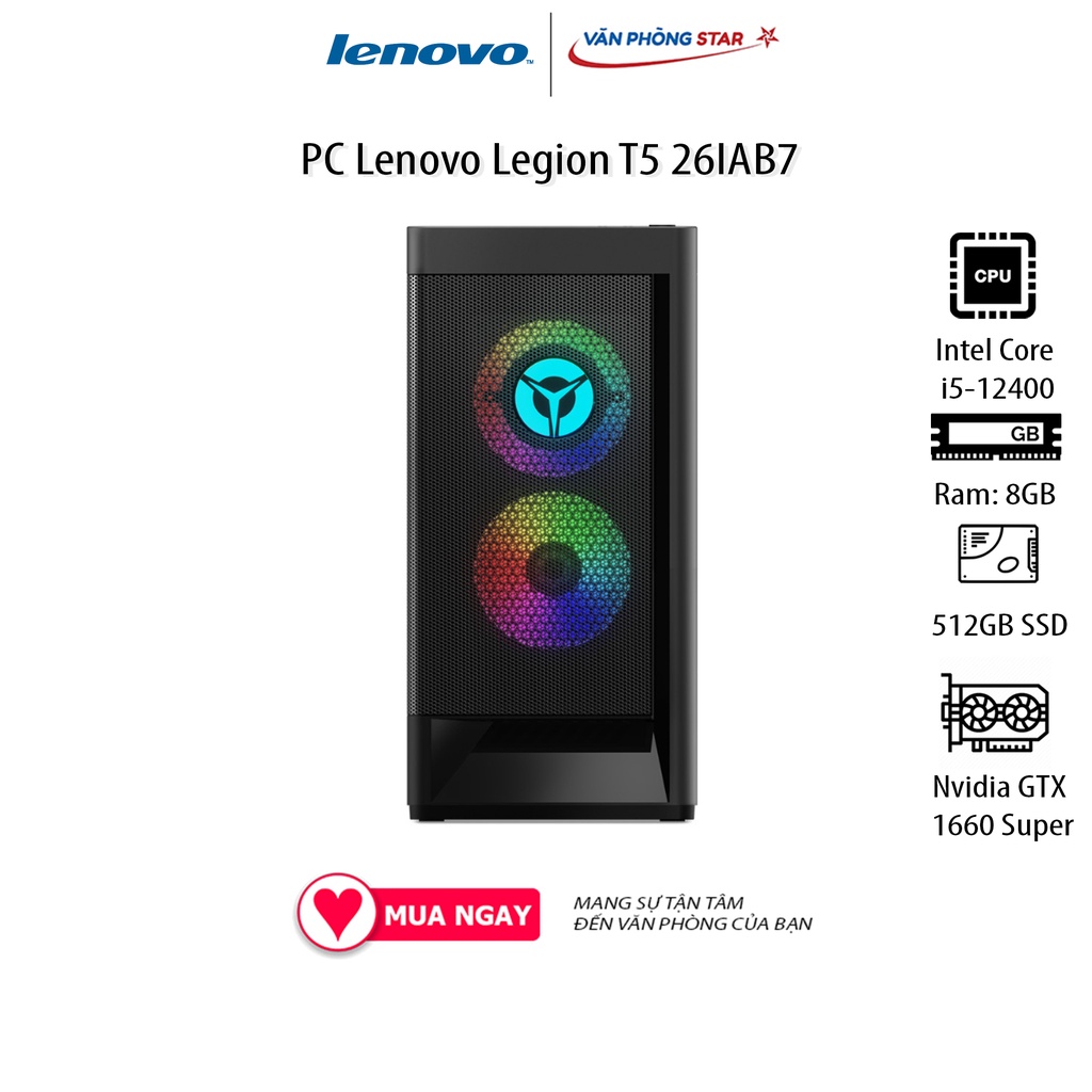 PC Lenovo Legion T5 26IAB7 (i5-12400/8GB RAM/512GB SSD/GTX1660 Super/WL+BT/K+M/Win 11) (90SV00J5VN)