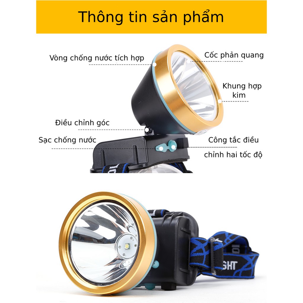 Đèn pin pha đội đầu tầm xa du lịch dã ngoại câu cá đêm chính hãng Hewolf J103