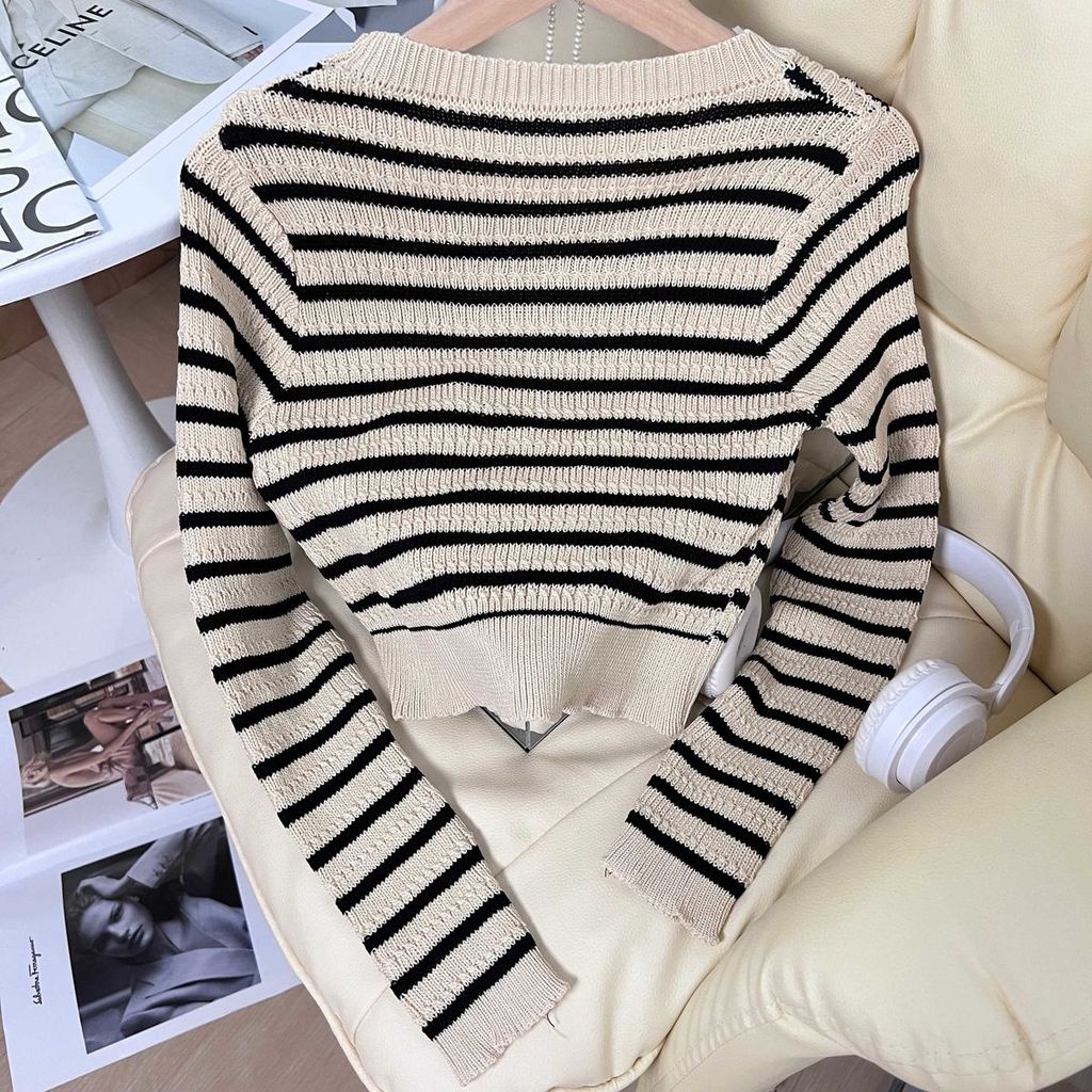 Áo Dệt Kim Mỏng Cổ Tròn Dáng Ôm Họa Tiết Kẻ Sọc Phong Cách retro Thời Trang Mùa Thu Mới