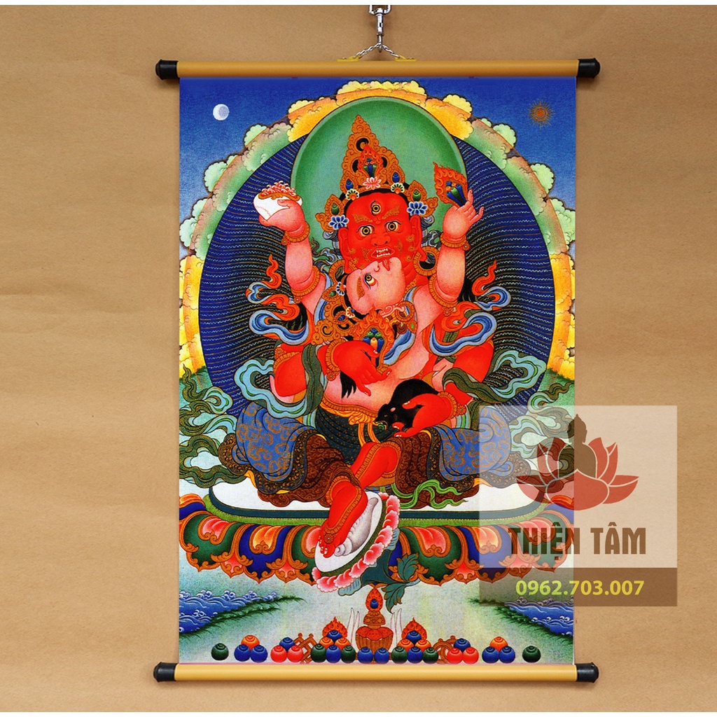 Tranh mật tông thangka Ngũ bộ Thần Tài Jambala Tây Tạng 40x60cm bằng vải phủ bóng cao cấp dày dặn