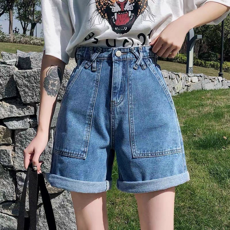 Quần Shorts Jeans Nữ Ống Rộng Túi Vuông Màu Xanh Nhạt Kèm Đai Nhân Cá Tính - 518