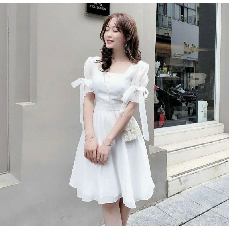 Váy trắng tay bồng đính nơ tiểu thư | BigBuy360 - bigbuy360.vn