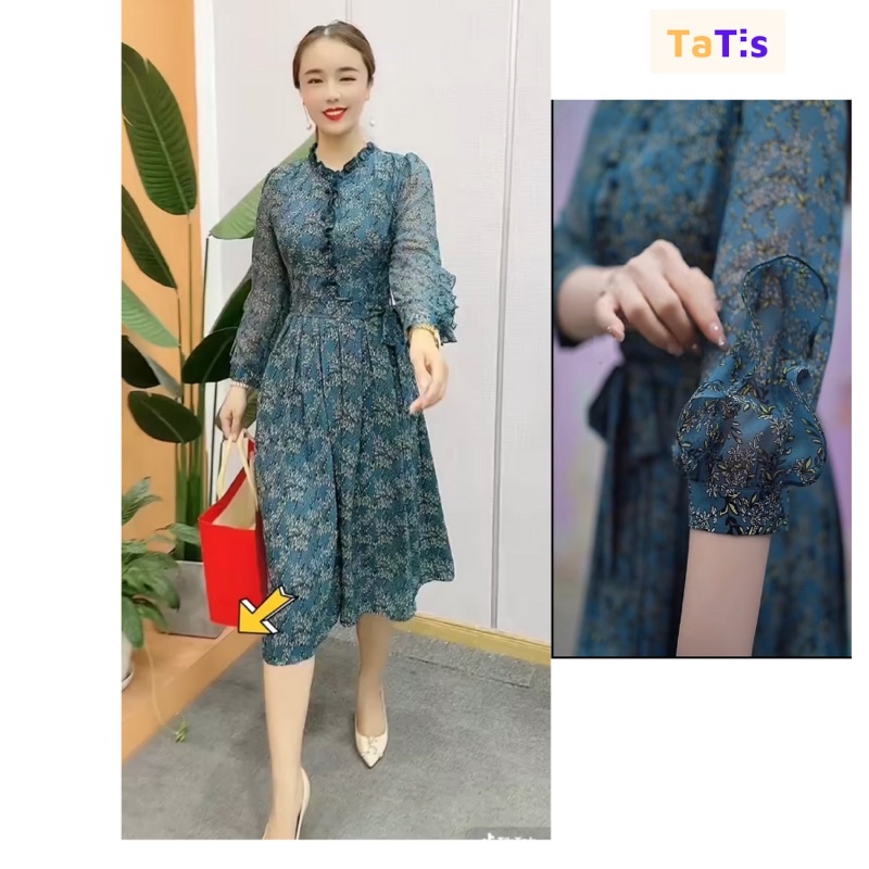 Đầm Trung Niên Voan Hoa Nhí Hai Lớp Tay Dài Váy Đẹp Cho Mẹ Che Mỡ Bụng Bắp Tay To Bigsize