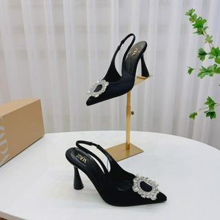 Sandal nữ cao gót khoá đá tròn chất lụa, gót loe 9cm