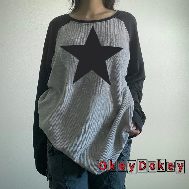 Áo Thun Tay Dài Dáng Rộng In Hình Ngôi Sao Phong Cách Gothic Cổ Điển OKDK-Y2K Fairycore Grunge