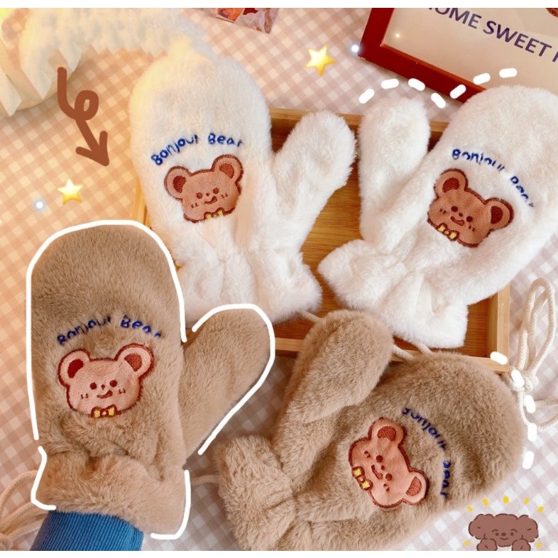 Găng tay lông xù cute đệm bông bên trong siêu ấm thời trang Hàn Quốc dễ thương