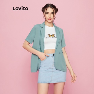 Áo khoác blazer Lovito L09163 tay ngắn dáng rộng màu xanh lá xinh xắn
