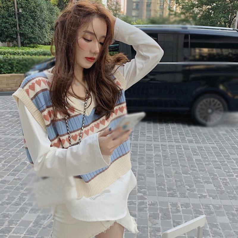 Áo Len Nữ Không Tay Cổ Chữ V In Hình Trái Tim Thời Trang