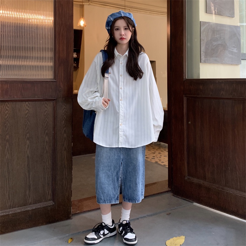 Áo Sơ Mi Dài Tay Oversize Kẻ Sọc Giả Nhiều Lớp Cá Tính Theo Phong Cách Mùa Thu Dành Cho Nữ