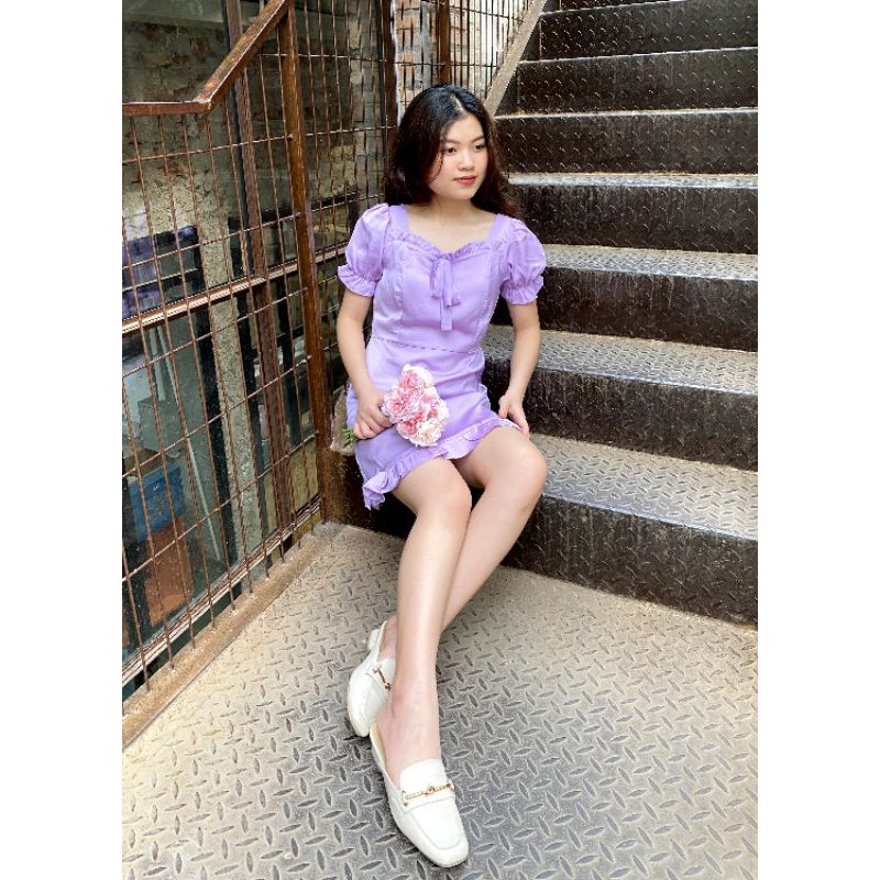 Váy nữ cổ vuông ôm ngực cổ thắt nơ, dáng váy ôm chữ A ngắn tay điểm nhấn viền thắt nơ nổi bật-VN05 | BigBuy360 - bigbuy360.vn