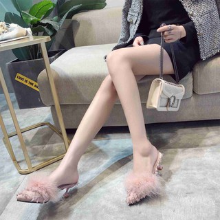 Giày Cao Gót Mũi Nhọn Phối Lông Sang Trọng