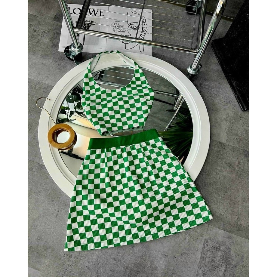 Sét bộ caro áo yếm đẹo cổ croptop phối chân váy chữ A ôm cực xinh , chất thun gân dày dặn mk