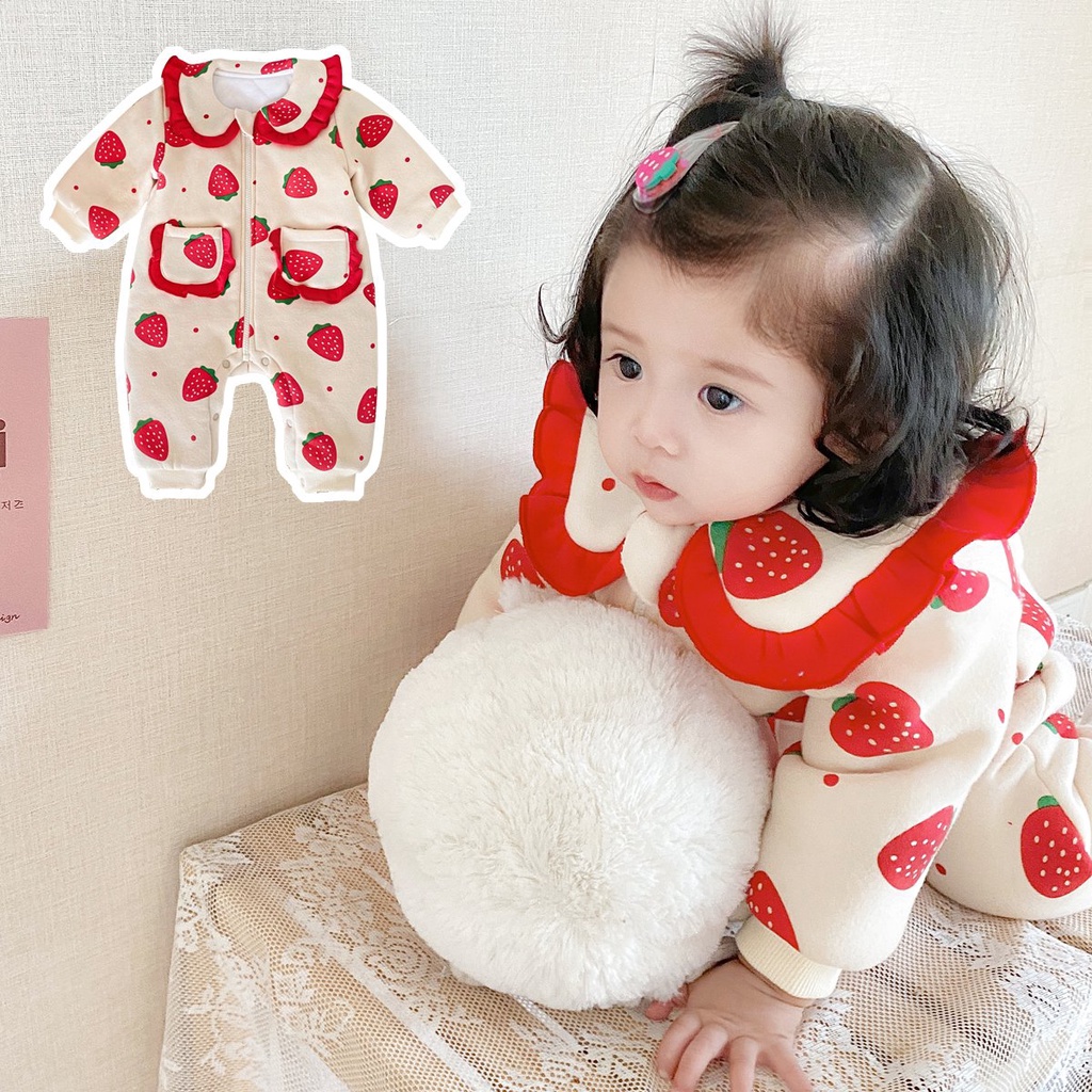 Sanlutoz Tết Bộ đồ liền thân tay dài họa tiết hình trái dâu dành cho bé gái sơ sinh