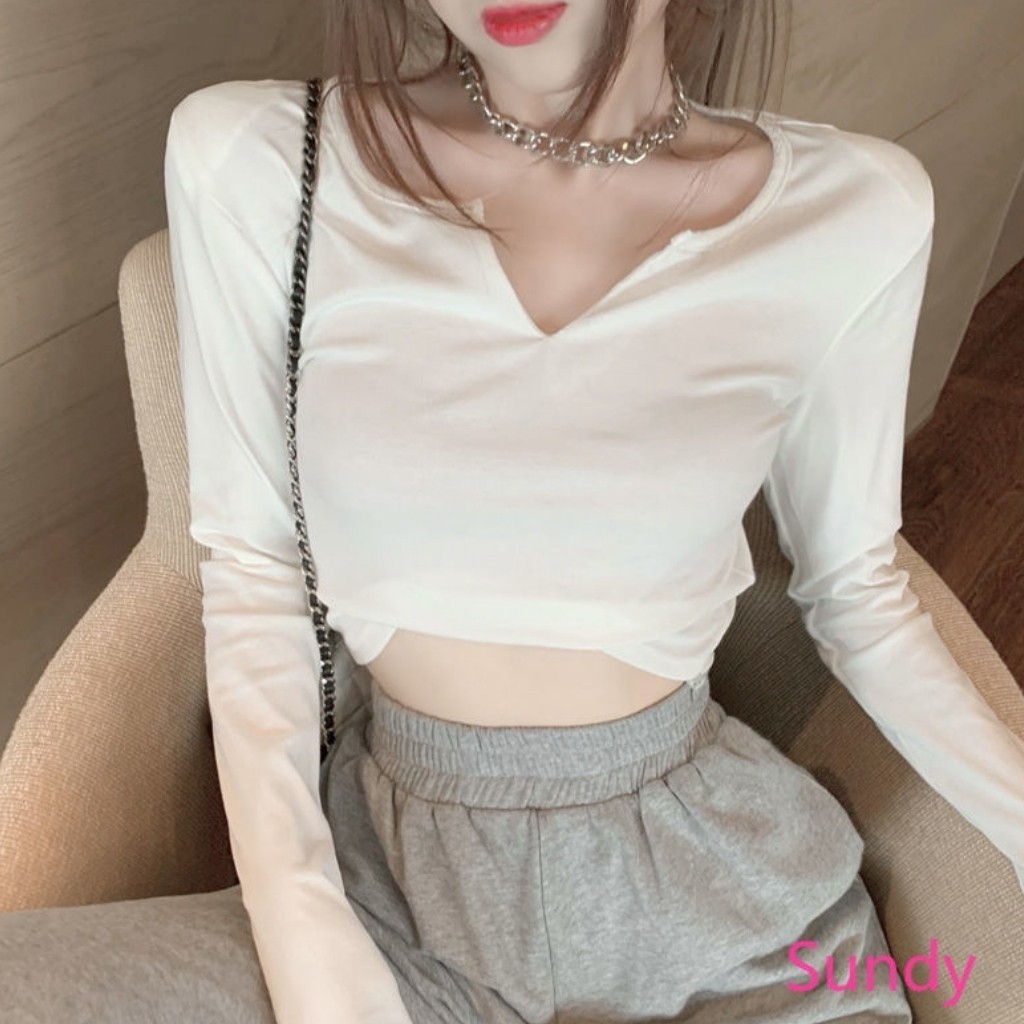 Áo Kiểu Croptop Cổ Xẻ _ Dáng Tay Dài _ Chất Borip Dày Mịn Co Giãn Tốt _ Ảnh Thật
