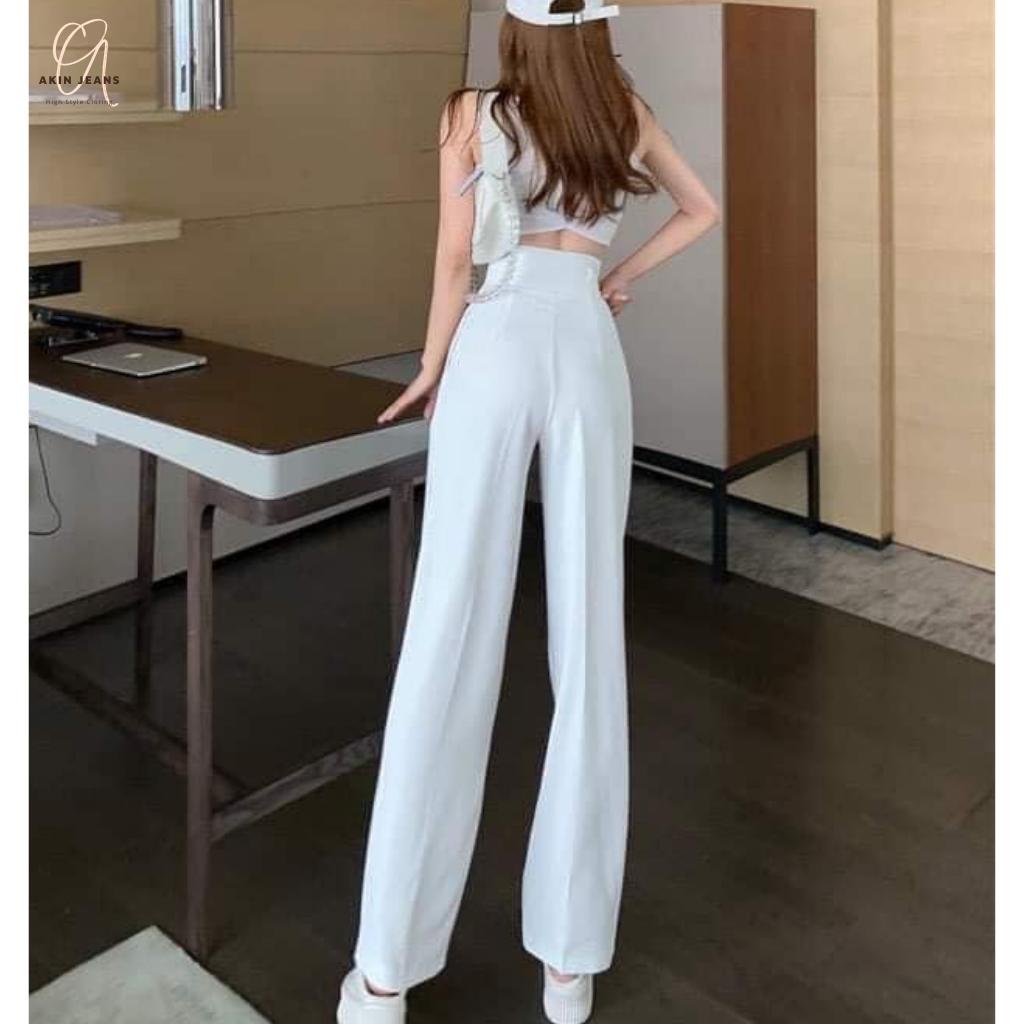 Quần Ống Rộng Culottes Nữ Lưng Cao 2 Khuy Akin Jeans Quần Ống Suông Vải Tuyết Mưa Cạp Cao Công Sở Siêu Hack Dáng S2C
