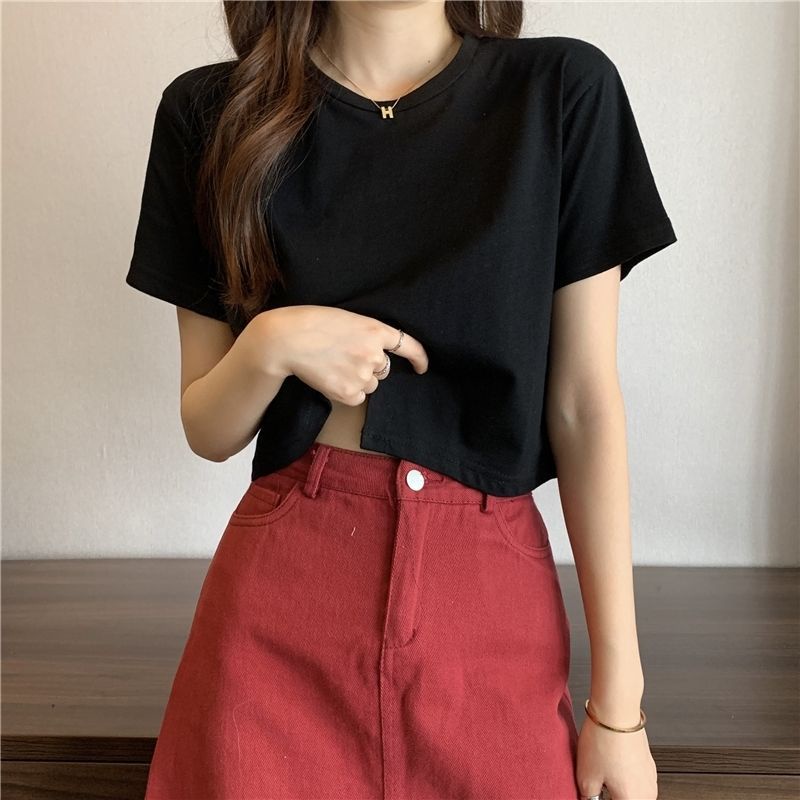 Áo Thun Croptop Tay Ngắn Đính Nút Phong Cách Hàn Quốc Thời Trang Mùa Hè 2024 4 Màu Lựa Chọn