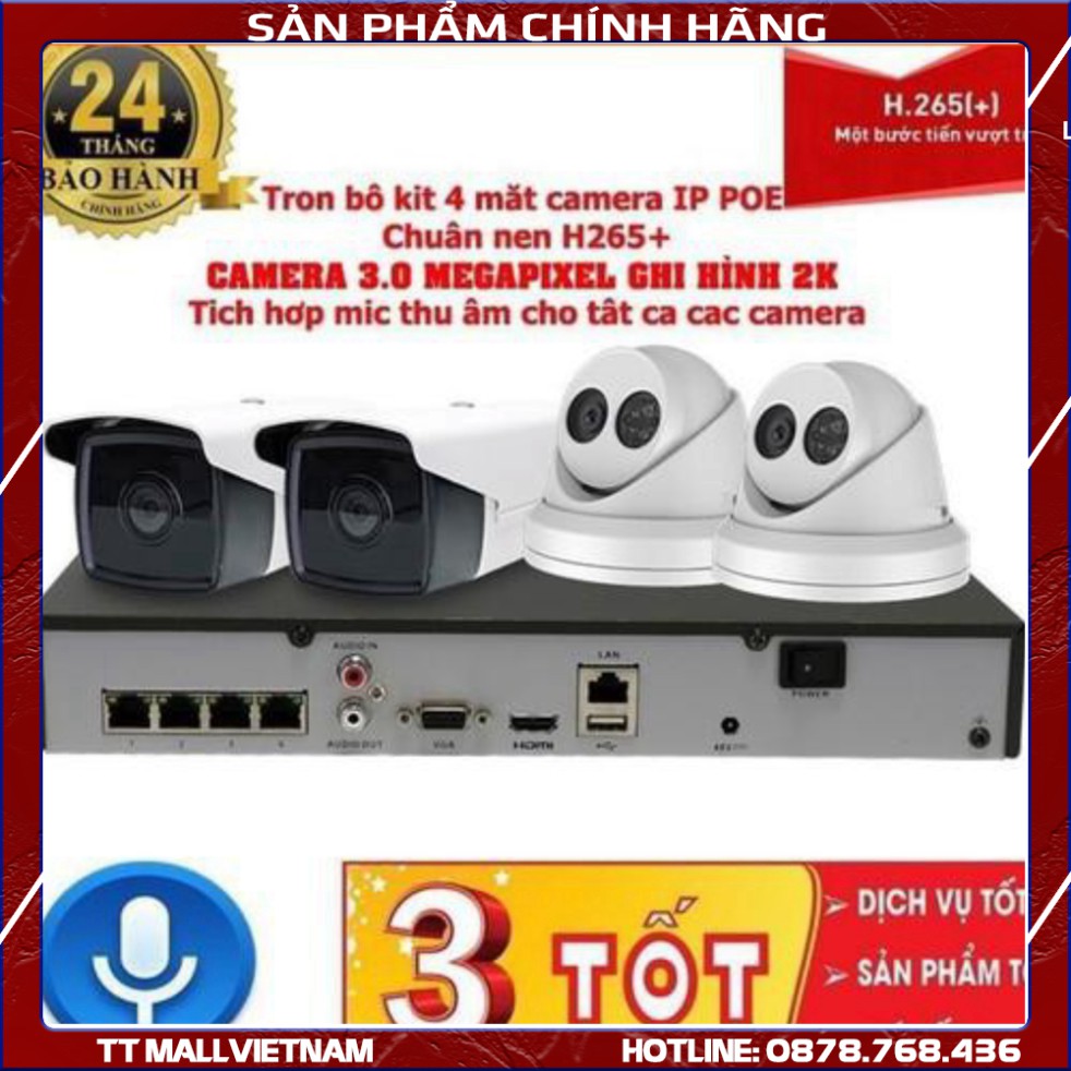 {Giá Hủy Diệt}Trọn bộ 4 Camera IP POE 3MP ghi hình 2K có míc và đầu ghi hình IP công nghệ POE chuẩn nén H265+ HDD 500G