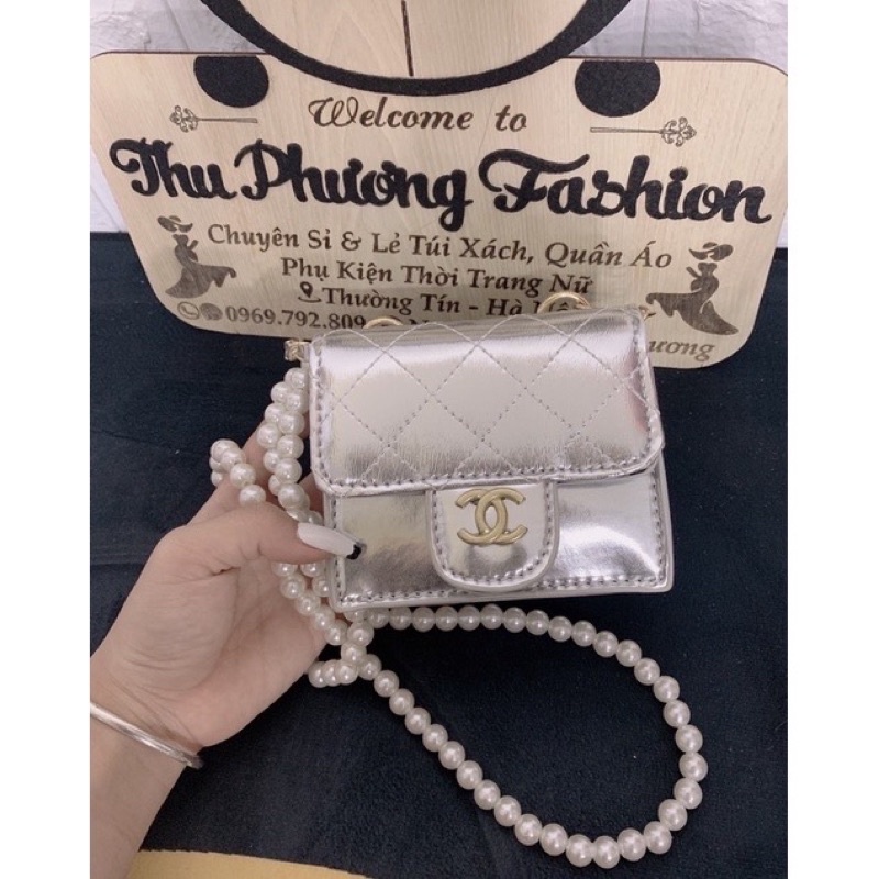 Túi CN đeo chéo mini thời trang bản 2 dây- dây xích và dây ngọc( ảnh thật) size 12