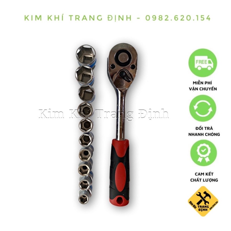 Bộ 10 đầu tuýp khẩu vặn ốc 8 đến 24mm kèm tay vặn tự động