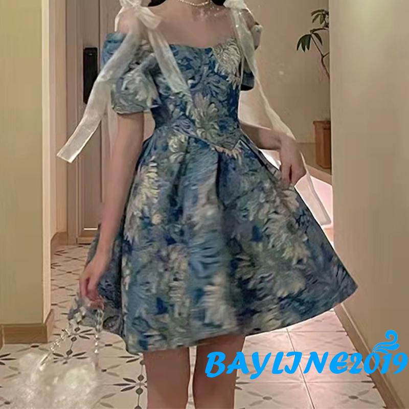 Đầm Chữ A Tay Ngắn Cổ Vuông In Họa Tiết Tranh Sơn Dầu Cổ Điển Dành Cho Nữ