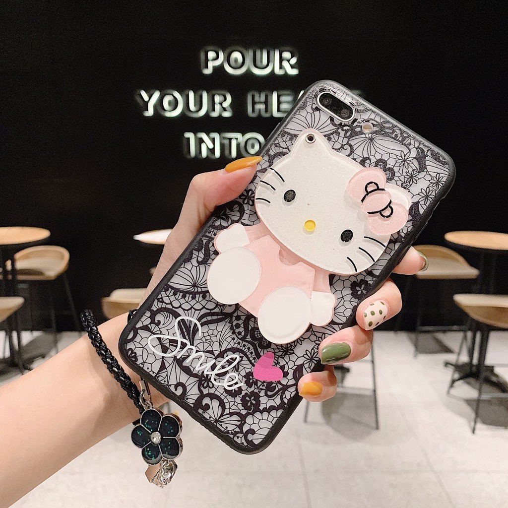 Ốp Điện Thoại Pc Thêu Ren Tích Hợp Gương Hình Hello Kitty + Dây Đeo Cho Iphone 5 6 7 8 11 12 X Xs Xr Se Plus Pro Max Mini 2020