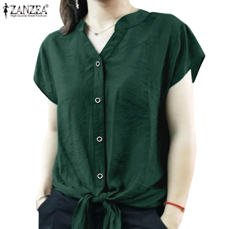 Áo sơ mi Zanzea tay ngắn cổ chữ V màu trơn thời trang cho nữ