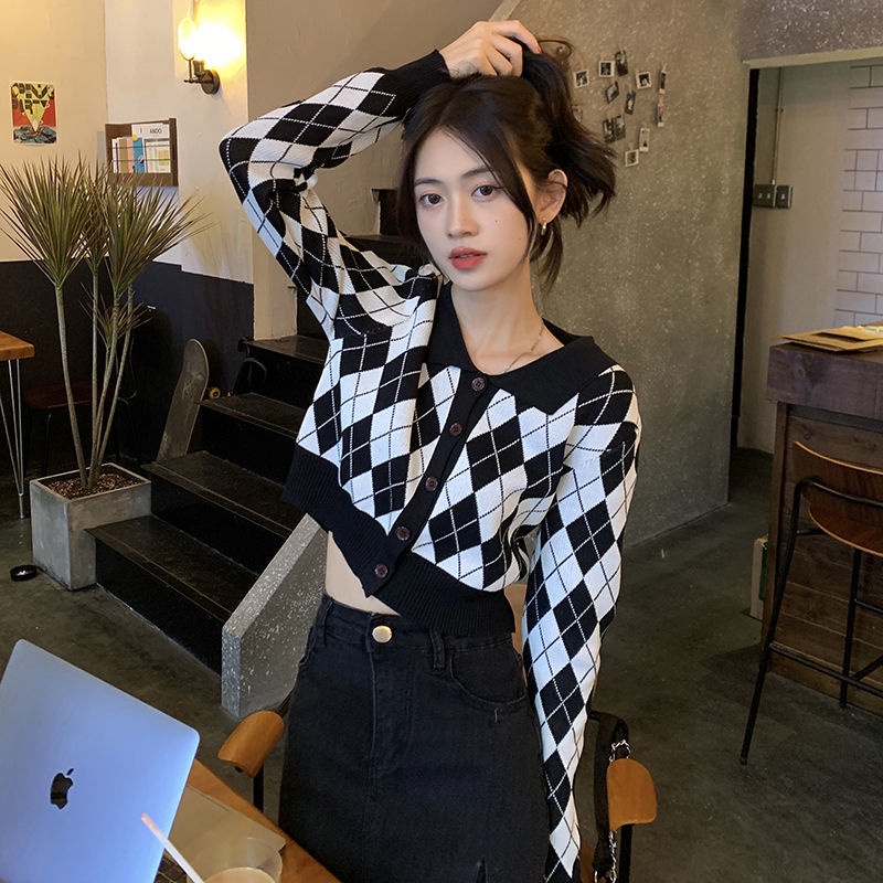 COZOK Áo Sweater Dệt Kim Cổ POLO Dáng Ngắn Kiểu Retro Thời Trang