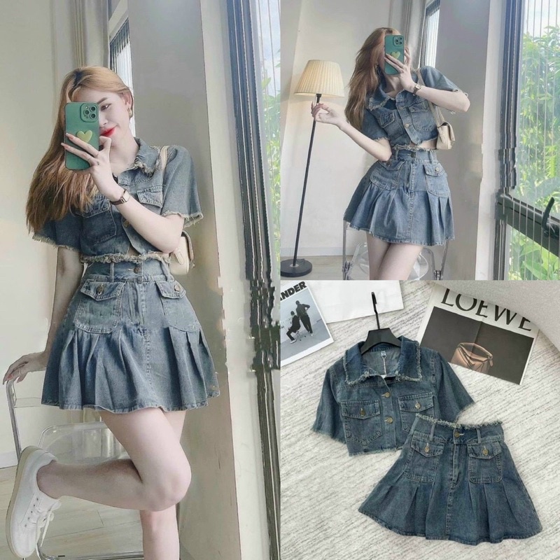 Set jean áo lửng sơ mi chân vấy xếp ly