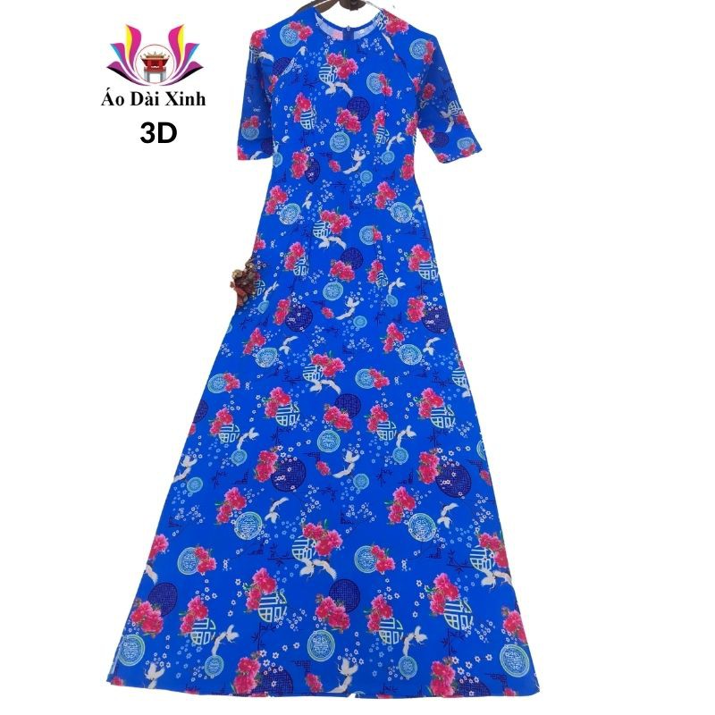 Áo dài truyền thống in 3D cổ tròn tay lỡ màu xanh họa tiết hoa đào và cò