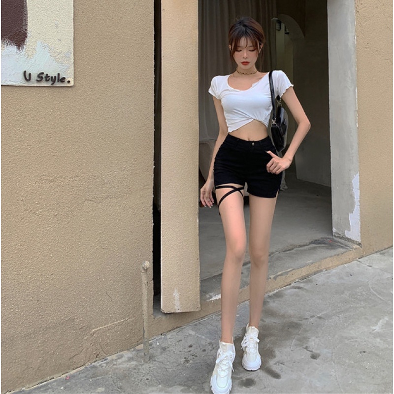 Quần short denim lưng cao kiểu dáng hợp thời trang