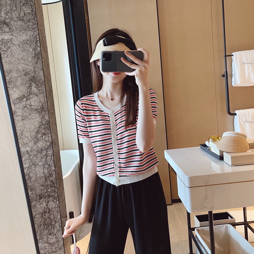 Áo cardigan ZHELIHANGFEI dệt kim tay ngắn kẻ sọc mềm mại siêu nhẹ tùy chọn màu sắc