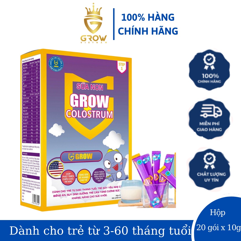 Sữa non grow colostrum giúp phát triển chiều cao,tăng sức đề kháng cho trẻ từ 3-60 tháng tuổi - Hộp 20 gói x 10g