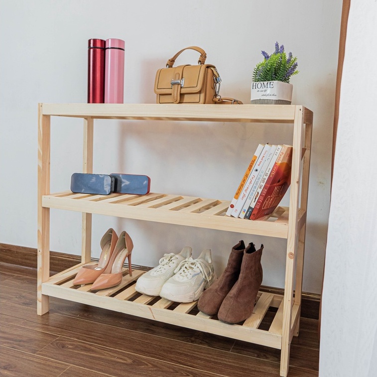 Kệ giày dép gỗ thông 3 tầng decor phòng ngủ phong cách Hàn Quốc l Kệ để giày gỗ 3 tầng kích thước 80*69*29cm