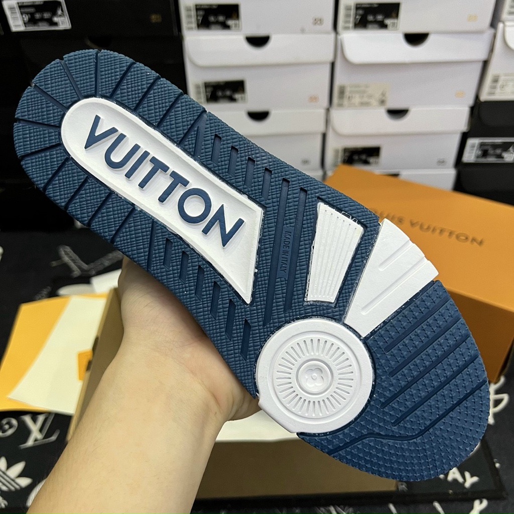 Giày LV xanh than trắng bản sc, giày luôn vui tươi  xanh than cao cấp. Full phụ kiện + ảnh thật.