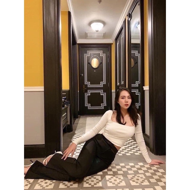 [ Mã WASTAPR giảm 10K đơn 50K] Áo thun nữ cổ vuông dài tay vải tăm co giãn dáng croptop | BigBuy360 - bigbuy360.vn