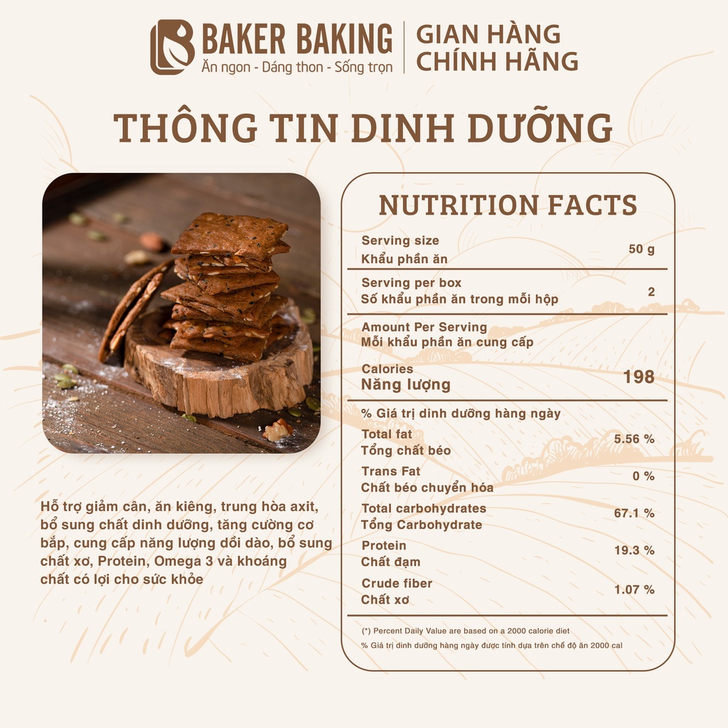 Combo 5 hộp bánh dinh dưỡng hỗ trợ giảm cân, ăn kiêng Baker Baking 100g