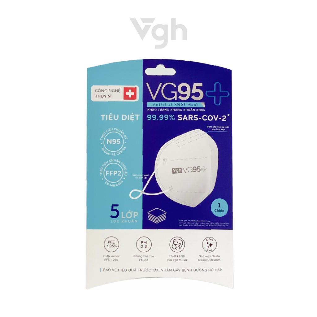 Khẩu trang VG95+ thiết kế 3D chuẩn KN95 công nghệ Thụy Sĩ diệt khuẩn - Chính hãng VG Healthcare - Đóng túi 1 chiếc
