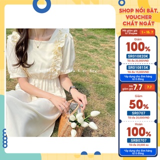 Váy cổ vuông bo chun eo dáng dài điệu