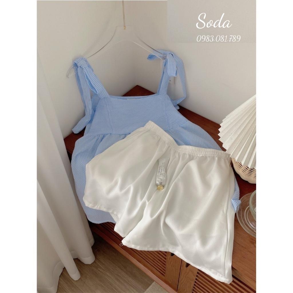 Set Áo Hai Dây Buộc Nơ Phối Quần Sooc Trắng Ulzzang, Áo Babydoll Hàn Quốc Kẻ Caro Và Quần Short Siêu Cute