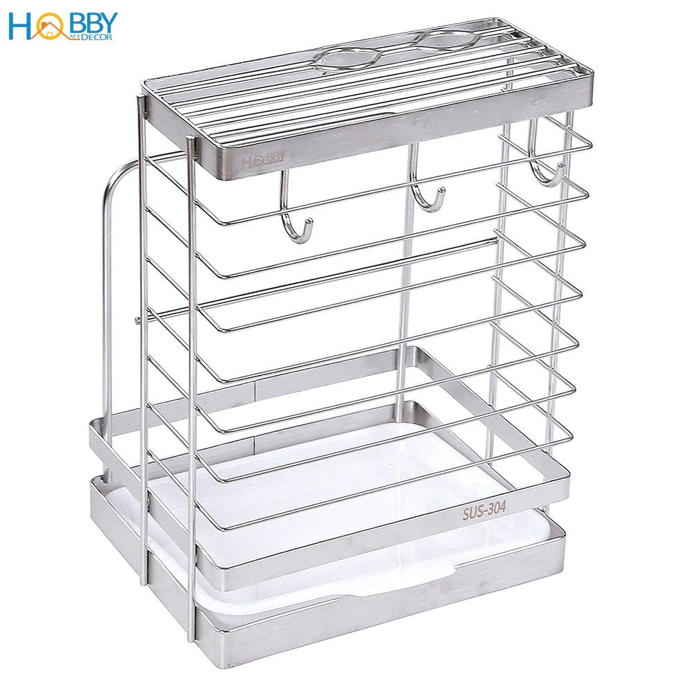 Kệ cắm dao keo thớt có 3 móc treo đồ Hobby Home Decor DD2N3 inox 304